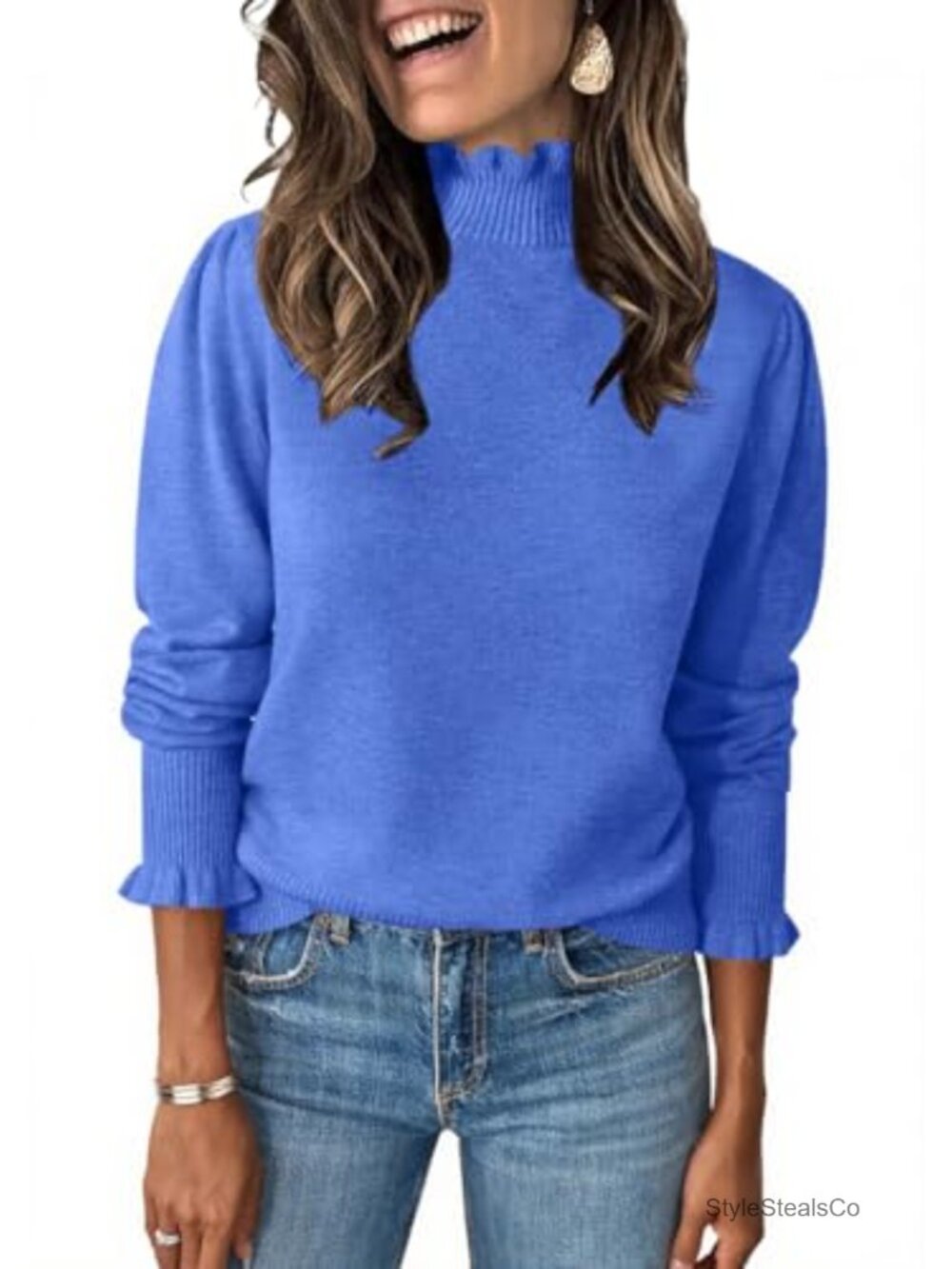 Womens Ruffle Mock Neck Sweater Puff Sleeve Knit Pullover Top